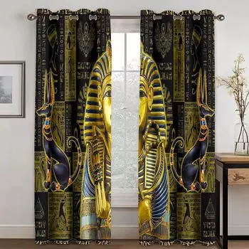 2024 Luxury Black Gold Egyptian Gods Indian Ancient Kid s Window Curtains for Living Room Bedroom Kitchen Door Home Decor 2Pcs W60H60(CM)x2PCS&HOOK