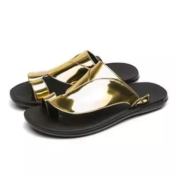2024 Luxury Gold Flip flops Man Metallic Leather Sandals Men Open-toe Slippers Comfort Outdoor Sandals For Men chanclas hombre 38