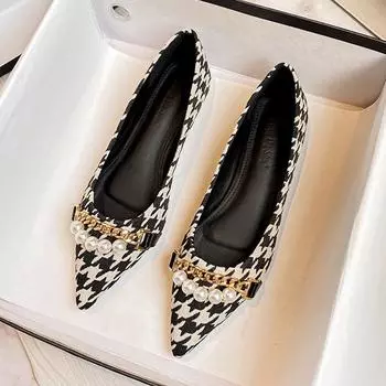2024 Luxury Houndstooth&Pearl Shoes Ladies Ballet Flats Women Pointed Toe Chain Ballerinas Office Dress Mocasines Femmes Loafers 4.5 абрикосовый