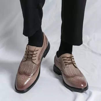 2024 Luxury Pointed Thick Soled Men s Leather Shoes with Lace Up Oxford Shoes Designer Men s Fashion New Hollow Out Men s Shoes 38 бежевый