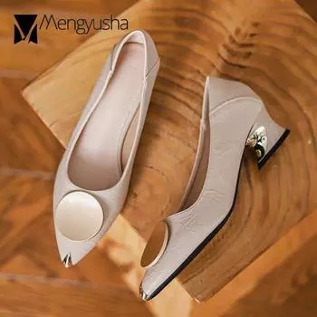 2024 Lxury Shoes Women Thick Kitten High Heels Metal Pointed Toe Shoes Ladies Soft Leather Shoes Office Two Ways Wear Low Heels 5 чёрный