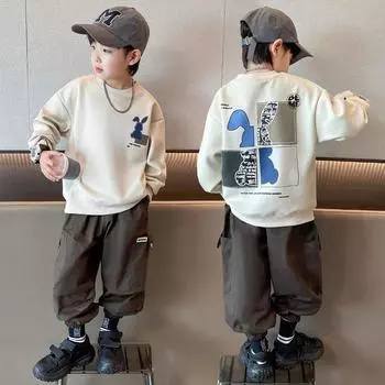 2024 Мальчики Круглый вырез Свитшот - Весна/Осень Модный Топ для Детей 100 абрикосовый