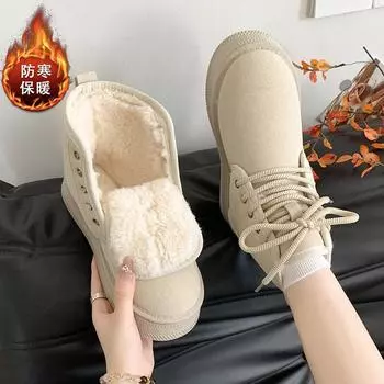 2024 Маленькие хлопковые ботинки женские плюшевые милые короткие теплые зимние ботинки на шнуровке с толстой подошвой из хлопка 35 бежевый