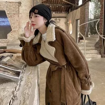2024 меховая куртка из овечьей шерсти зимняя замшевая одежда для мотоциклистов ретро темперамент длинное пальто S темно-коричневого