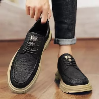 2024 Men Classic Khaki/black Leather Sneakers Casual Leather Shoes Lace-up Shoes Mens Fashion Outdoor Walking Shoe Male Trainers 39 чёрный