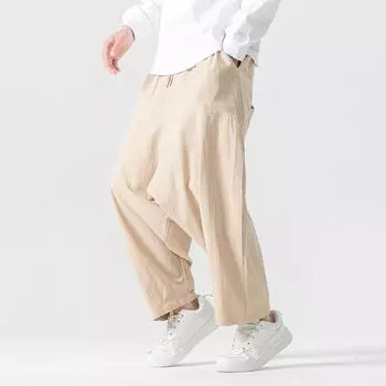 2024 Мужские брюки с заниженным шаговым швом, хлопковые льняные брюки, мужские однотонные шаровары, мешковатые повседневные свободные брюки для бега, широкие брюки для йоги и хип-хопа 2XL чёрный