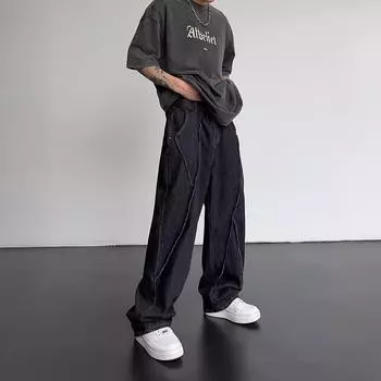 2024 Men HipHop Distressed Jeans Pants Men Ripped Patchwork Denim Pants Male Oversized Loose Casual Streetwear Wide Leg Trousers S чёрный