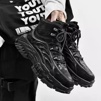 2024 Men s Boots Fashion British Style Casual Platform Ankle Boot for Men Outdoor High Top Youth Trend Casual Skate Lace-up Shoe 39 чёрный