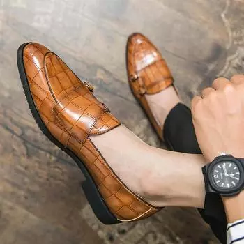 2024 Men s Business Dress Office Shoes Crocodile Grain Leather Shoes Mens Buckle Casual Wedding Party Shoes Men Flats Plus Size 38 чёрный