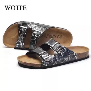2024 Men s Cork Slippers Unisex Summer Flip Flops Men clogs Man Soft Cork Two Buckle Beach Slides Outdoor Footwear For Men 45 37 чёрный