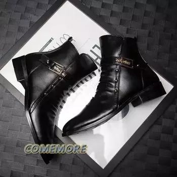 2024 Men s Leather Boots Pointed Fashion British High Quality High Top PU Business Shoes Casual Autumn Winter Male Boots Black 38 чёрный