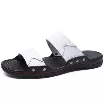 2024 Мужские кожаные тапочки на резиновой подошве, пляжная обувь, нескользящая, удобная, модная, повседневная, дизайнерская, модная, на плоской подошве, большой размер 48 38 бежевый