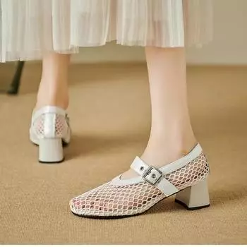 2024 Mesh Mary Jane Single Shoe Женские летние новые босоножки с круглым носком и ажурной сеткой на высоком каблуке 35 чёрный