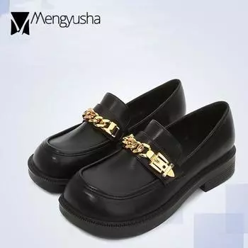 2024 Металлическая цепочка маленькие кожаные туфли женские слипоны неглубокие женские туфли дерби толстые каблуки большие квадратные носки мокасины большие размеры 34-43 4.5 чёрный