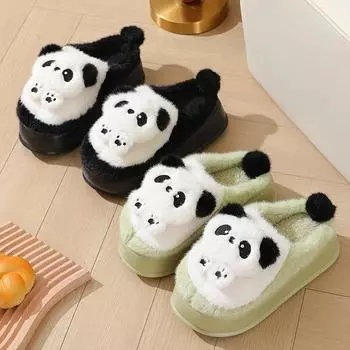 2024 Милые теплые меховые тапочки с пандой для женщин, домашняя нескользящая мягкая хлопковая подкладка, женские удобные домашние плюшевые тапочки на плоской подошве 36-37 чёрный