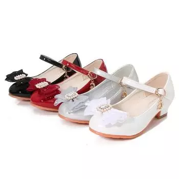 2024 Милые туфли для вечеринок для девочек, элегантные детские туфли принцессы из глянцевой искусственной кожи с бантом для свадебной вечеринки, модные детские туфли на высоком каблуке 28 белый