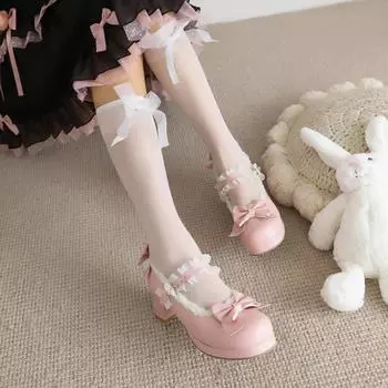 2024 Милые туфли Мэри Джейн с бабочкой и узлом на каблуках для женщин, с внутренней стороны из овечьей шерсти, для вечеринки, свадьбы, для девочек, принцессы, в стиле Лолиты 31 розовый