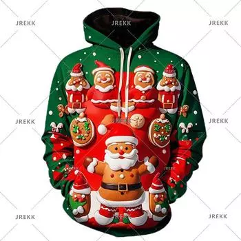2024 Милый Пряничный Человечек Санта-Клаус Узор Повседневный Мужской Пуловер Детский Рождественский Подарок Мультфильм Рождество Толстовка S