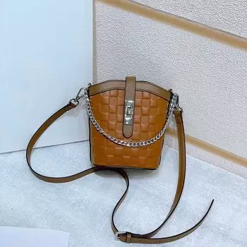 2024 Мини-сумка на плечо с замком-цепочкой, женская сумка через плечо из натуральной кожи, сетчатая сумка-ведро с клетчатым узором, маленькая сумочка