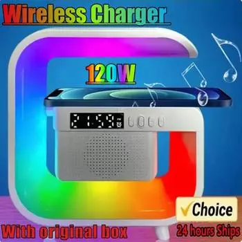2024 Многофункциональная беспроводная зарядная подставка Bluetooth 5.0 Динамик FM TF RGB Ночной свет Быстрая зарядная станция для iPhone Samsung Xiaomi белый