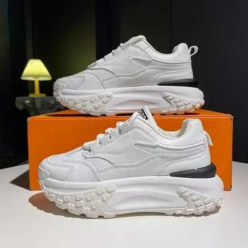 2024 Мода и тренд Круглый носок Толстая подошва Увеличивающие простые универсальные женские одинарные туфли Кроссовки на шнуровке 35 белый