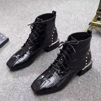 2024 Мода Квадратный Носок Средний Каблук Однотонные Женские Ботильоны Квадратный Каблук Лодыжка Современные Ботинки Весна/осень Шнуровка Обувь Женские Боты 35 чёрный