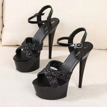 2024 мода ночной клуб новый ремень водонепроницаемый стол пайетки повседневная свадьба банкет на высоком каблуке женские одинарные туфли 34 чёрный