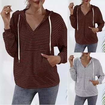 2024 мода новые повседневные полосатые принтованные топы весна и осень низкий V-образный вырез толстовка женская свободная футболка Harajuku толстовка с капюшоном свитшот S белый