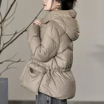 2024 мода осень и зима ретро литературный белый утиный пух с капюшоном модное короткое пальто M чёрный