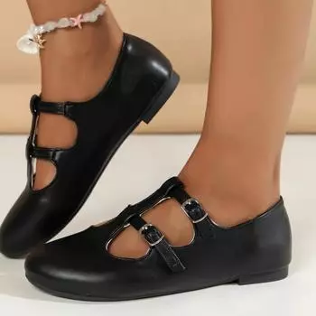 2024 Мода Популярная Универсальная Весна и Осень Удобная Однотонная Двойная Пряжка Круглый Носок Неглубокое Горло Плоская Подошва 36 чёрный