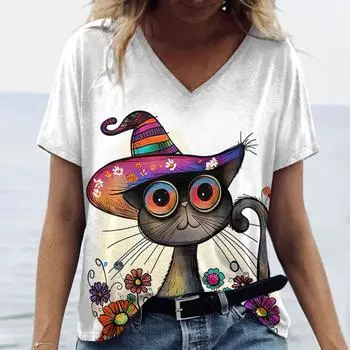 2024 Мода Женская одежда Смешные животные принтованные женские футболки V-образный вырез кот короткий рукав топы летние оверсайз уличная одежда новый S