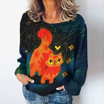 2024 Мода Женские футболки с длинными рукавами Harajuku Cat Осень/Зима Круглый вырез Одежда Имитация хлопка Свободные топы больших размеров S