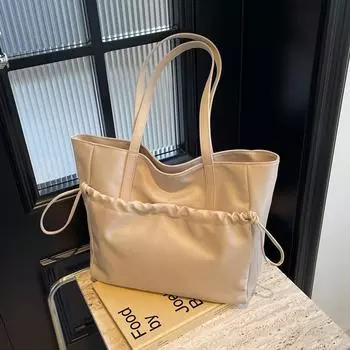 2024 Модная большая вместительная сумка-тоут в корейском стиле – женская однотонная повседневная сумка через плечо хаки