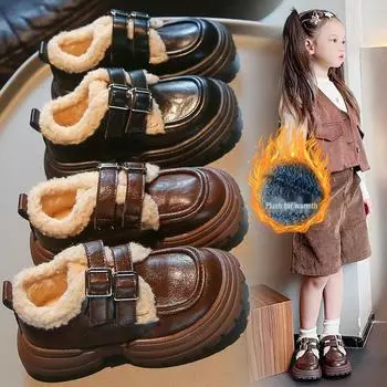 2024 Модная детская зимняя кожаная обувь: Теплая обувь для мальчиков и девочек с хлопковым носком, бархатной подкладкой и толстой подошвой Sizes 26-30, set of 5 pairs коричневый