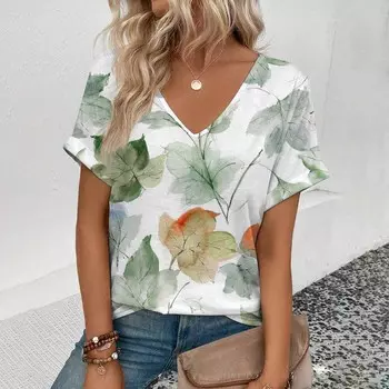 2024 Модная футболка с цветочным принтом, летняя футболка для отдыха, элегантная футболка с V-образным вырезом, женская повседневная удобная футболка с короткими рукавами S
