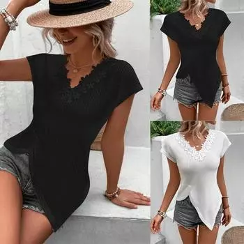 2024 модная и повседневная женская однотонная футболка с v-образным вырезом и кружевной отделкой на весну и лето, топы, пляжная рубашка с короткими рукавами XS белый