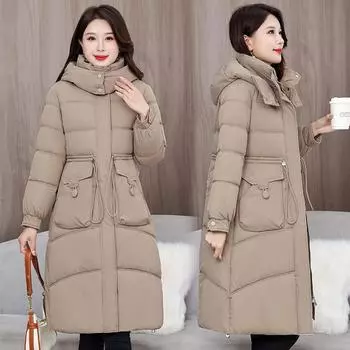 2024 модная куртка с капюшоном средней и длинной длины из хлопка, зимняя новая корейская версия, со шнуровкой на талии, в иностранном стиле, женская куртка M чёрный