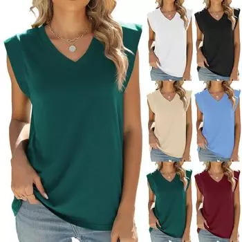 2024 модная летняя новая повседневная однотонная футболка с v-образным вырезом и короткими рукавами, топы L