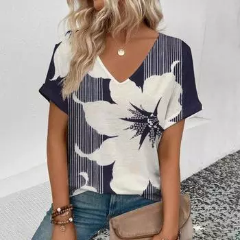 2024 Модная летняя женская футболка с V-образным вырезом и коротким рукавом Винтажная футболка с 3D-принтом и цветочным принтом Повседневная женская элегантная футболка S