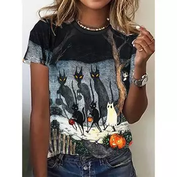 2024 модная новая женская футболка с круглым вырезом и принтом котенка на Хэллоуин, свободный топ для женщин, летняя повседневная дышащая футболка S