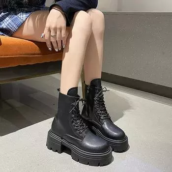 2024 Модная обувь для женщин Женские ботинки с перекрестными шнурками Горячая распродажа Повседневные ботинки с боковой молнией Женские новые сапоги до середины икры с круглым носком Zapatos 35 чёрный