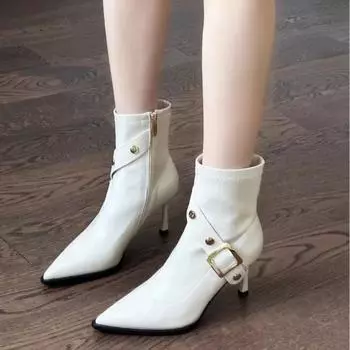 2024 Модная обувь Женские сапоги с боковой молнией Зимние остроносые однотонные сексуальные платья Короткие бочонки на шпильках или тонких каблуках 35 бежевый