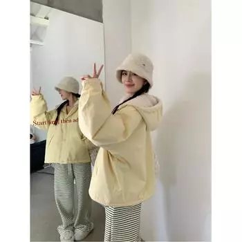 2024 модная теплая хлопковая куртка с капюшоном из овечьей шерсти, женские зимние бархатные брюки с эластичным поясом, комплект из двух предметов S