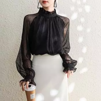 2024 Модная женская черная шифоновая блузка в горошек с воротником-стойкой и длинным рукавом, свободная рубашка для женщин, весна-осень, свободная повседневная элегантная верхняя одежда 2567 S чёрный