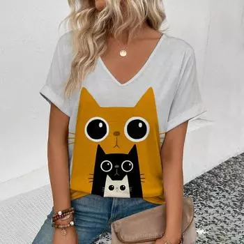 2024 Модная женская футболка с V-образным вырезом и милым принтом кота, летняя повседневная белая футболка с круглым воротником, короткий рукав, женская футболка S-5XL S