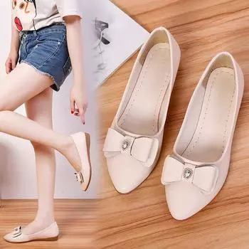 2024 Модная женская обувь на плоской подошве с застежкой-молнией, осенние туфли с острым носком, однотонные туфли с бабочкой и блестками, с неглубоким вырезом, женские 35 бежевый