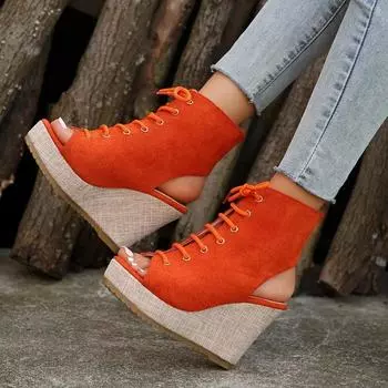 2024 модная женская обувь, римские женские сандалии, повседневные сандалии на платформе, женские туфли на высокой танкетке с перекрестной завязкой, женские туфли с запахом на щиколотке 35 чёрный