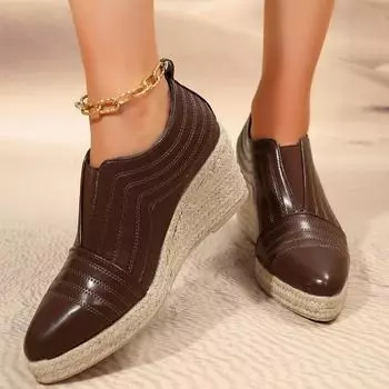 2024 Модная женская обувь Римские женские туфли на высоком каблуке на платформе повседневные туфли-лодочки женские с острым носком шитье на танкетке PU туфли женские 36 коричневый