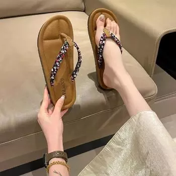 2024 Модная женская обувь Шлепанцы Женские тапочки Горячая Распродажа Печатные пляжные тапочки Женские Новые Круглые Носки Плоские Тапочкиzapatos 35 синий