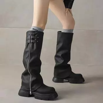 2024 Модная женская обувь, женские ботинки на молнии с отворотом, осенние ботинки с круглым носком и средним каблуком, водонепроницаемые ботинки в корейском стиле 35 чёрный